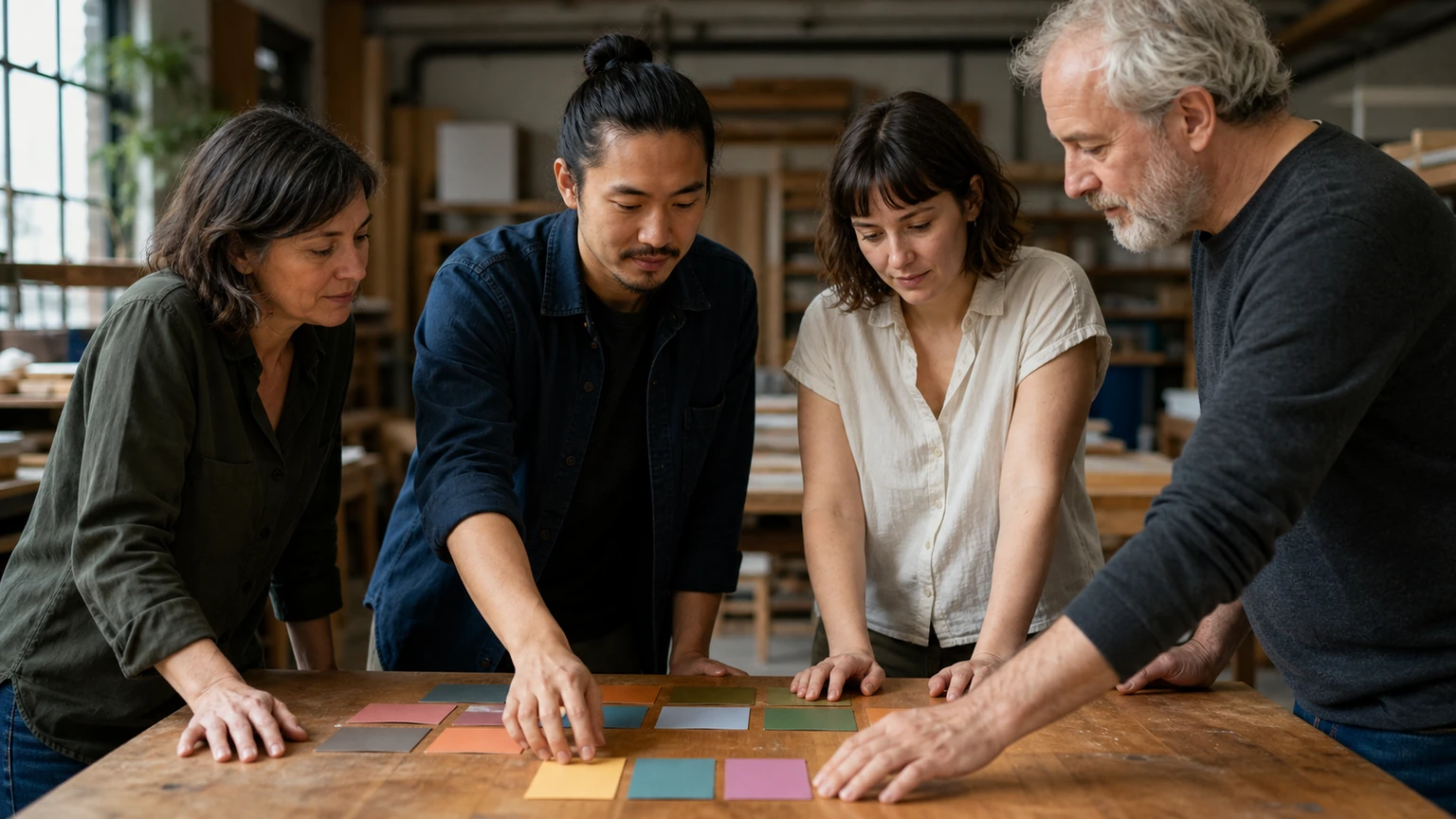 Workplace scene illustrating a simple method for organizing team priorities