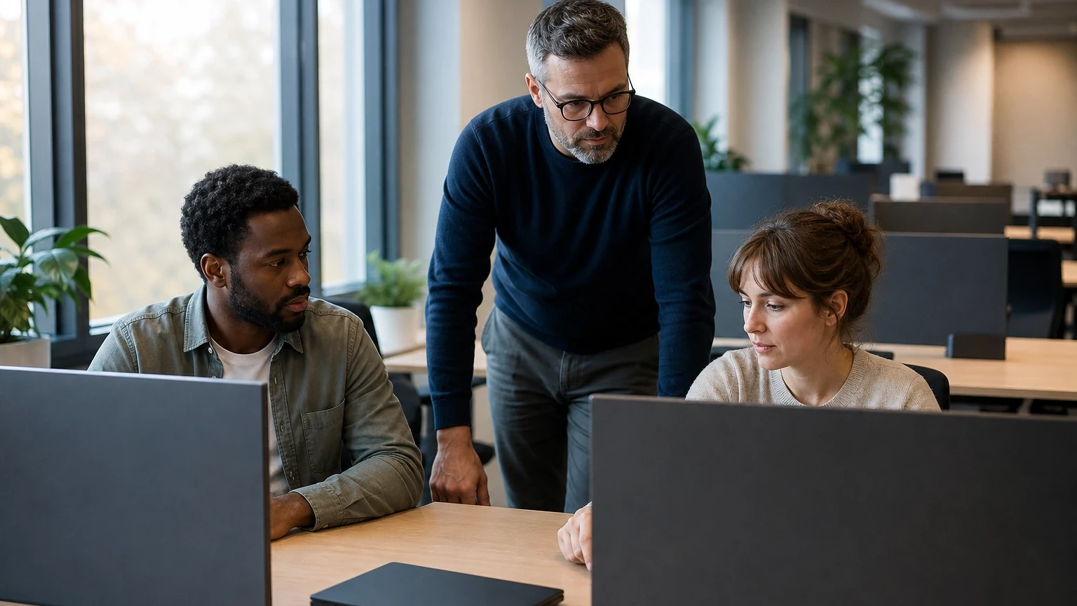 Workplace scene illustrating how to choose workplace software using practical criteria