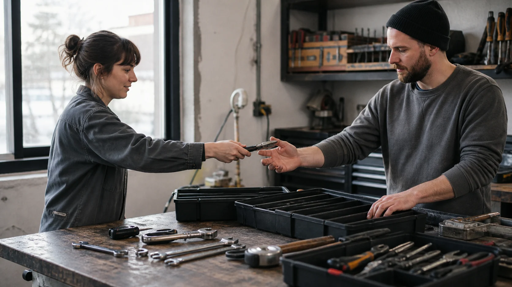 Team organizing physical workplace tools