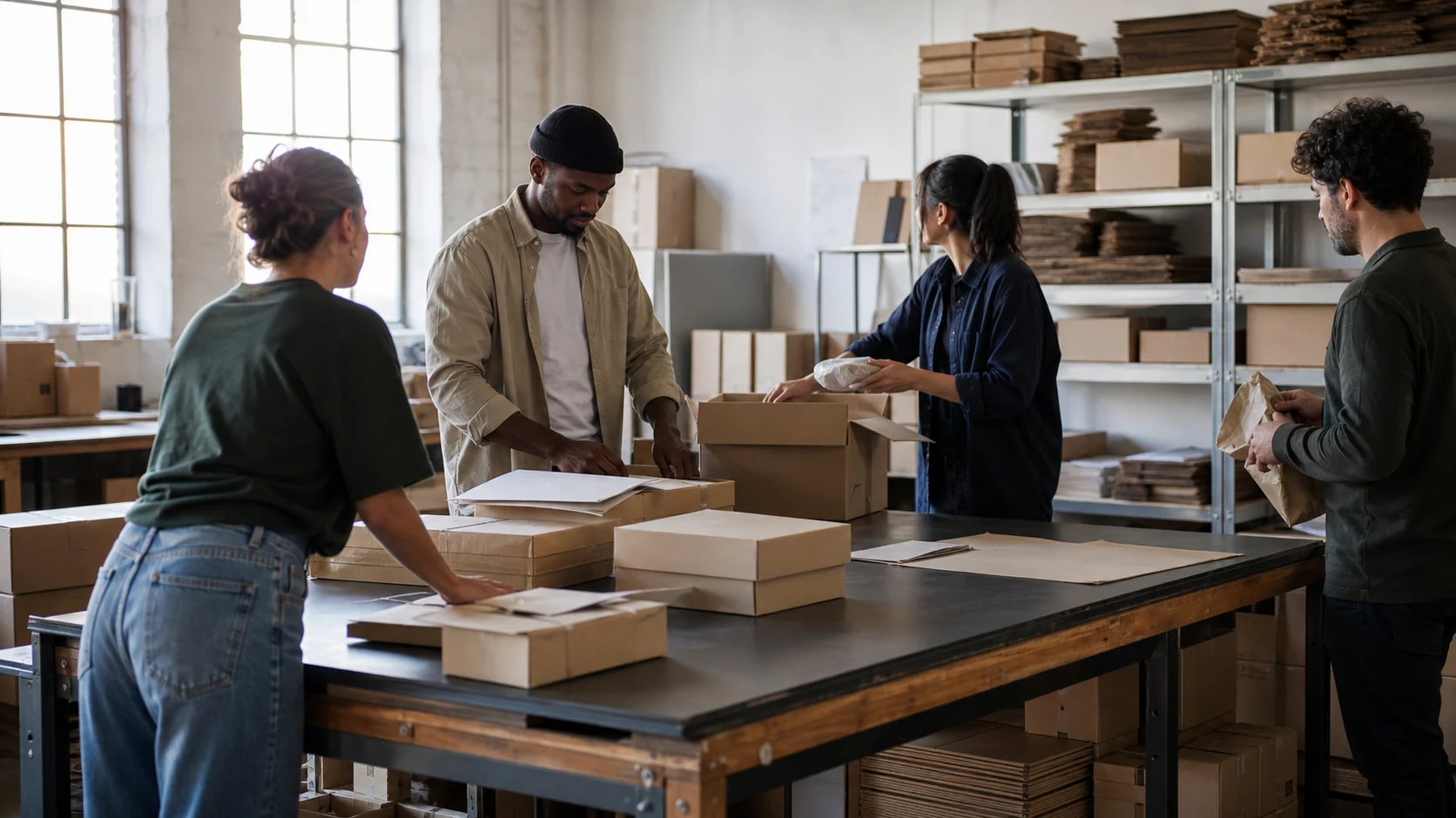 Small-business team discussing an operational decision